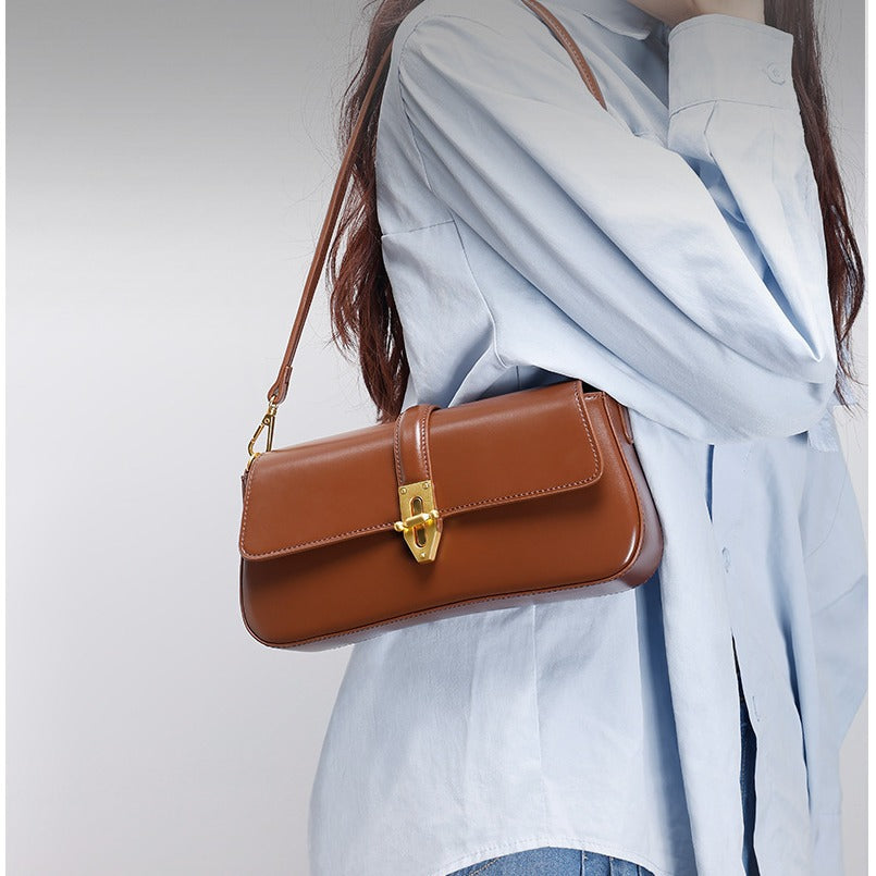 Elegant Textured Leather Baguette Shoulder Bag