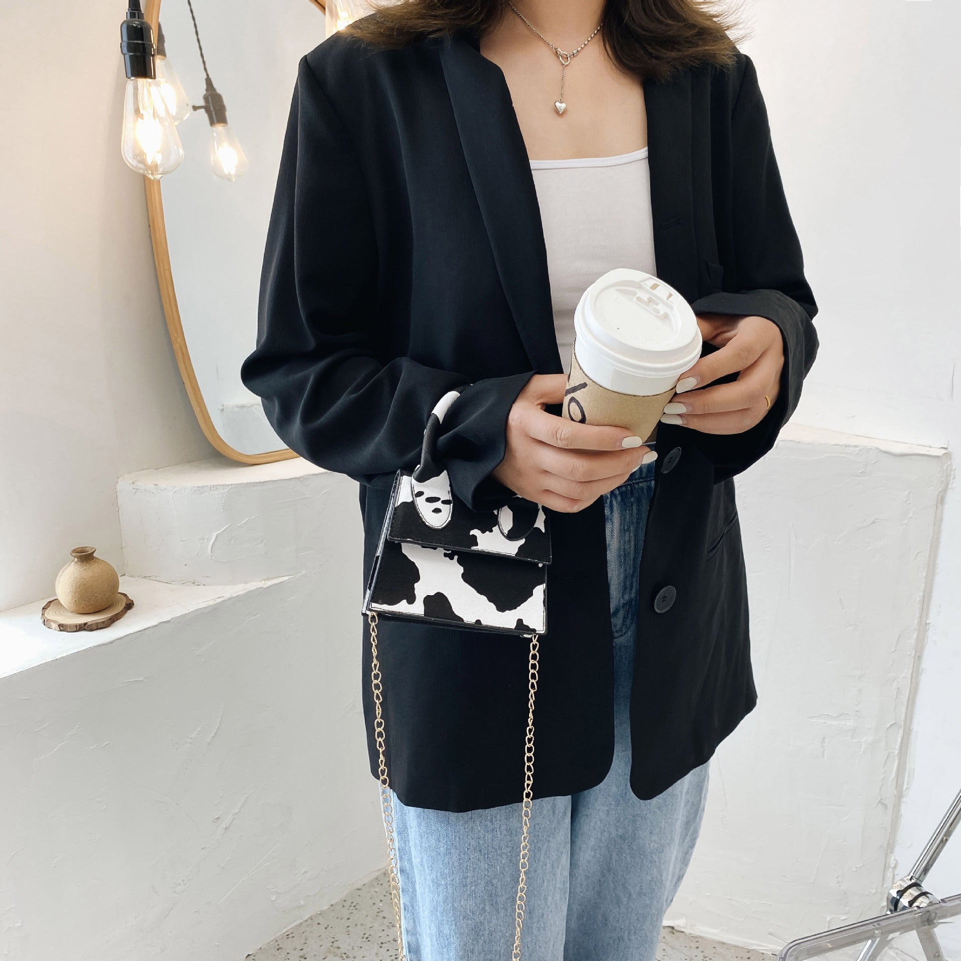 Trendy Cow-Print Mini Shoulder Handbag