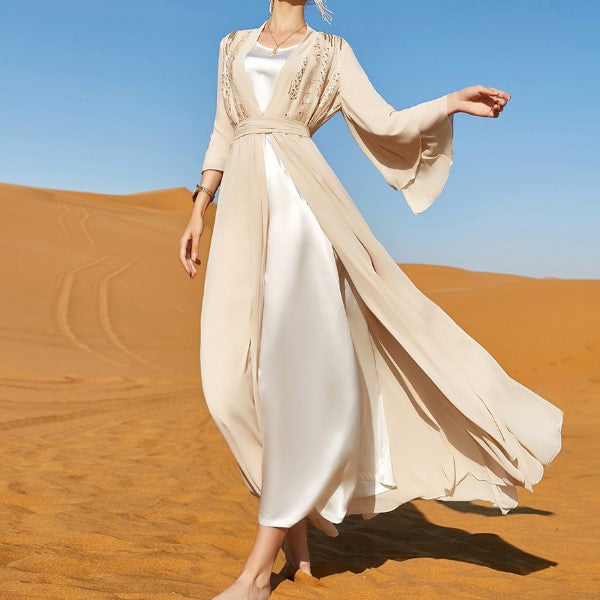 Beige Double-Layer Chiffon Long Dress