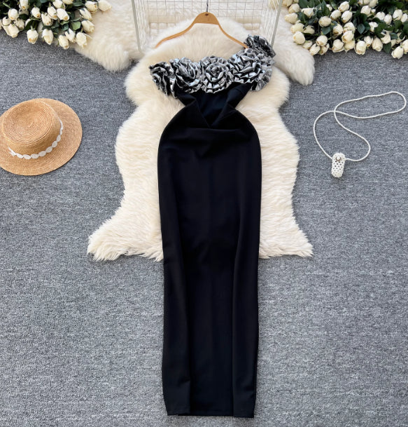 3D Floral Off-Shoulder Slim Fit Evening Dress