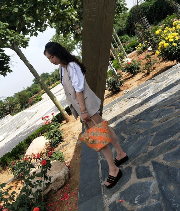 Handmade Round Straw Tote Bag , Summer Beach Casual Bag