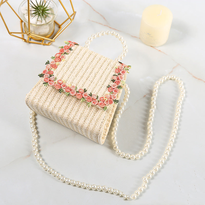 Lace Style Straw Bag with Pearl Handle Portable Crossbody