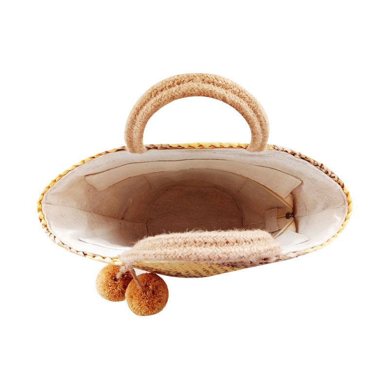 Handmade Round Straw Tote Bag , Summer Beach Casual Bag