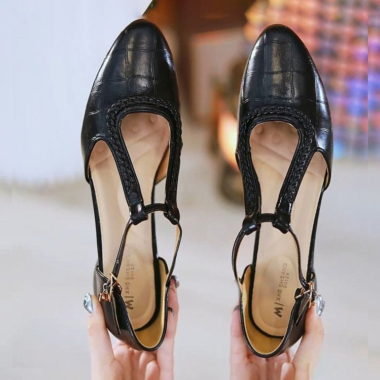 Soft Leather Pointed Cross-Strap Hollow Flats