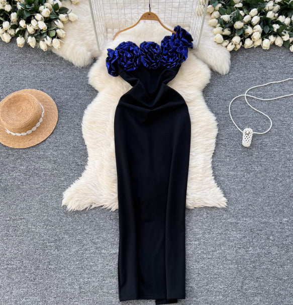 3D Floral Off-Shoulder Slim Fit Evening Dress