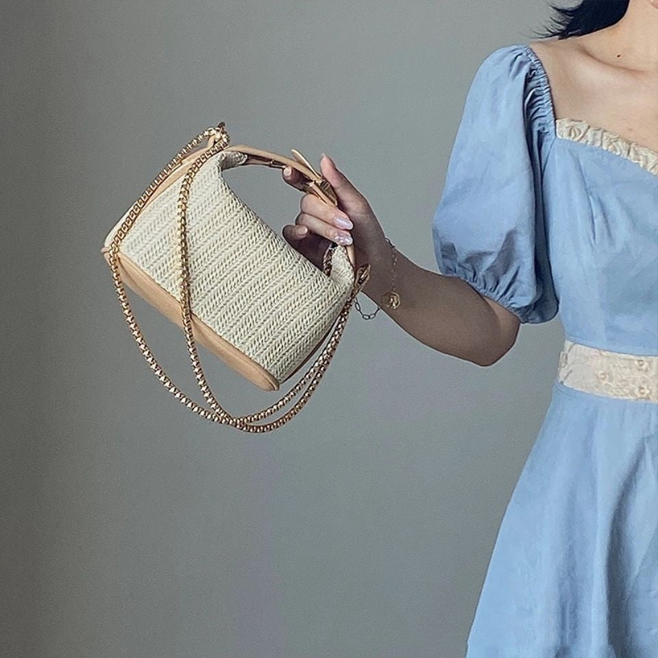 Beige Braided Straw Handbag