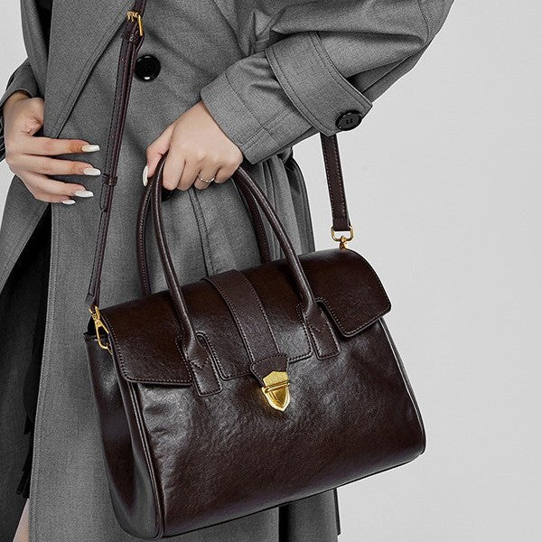Vintage Lock Leather Handbag – Elegant Structured Office Bag