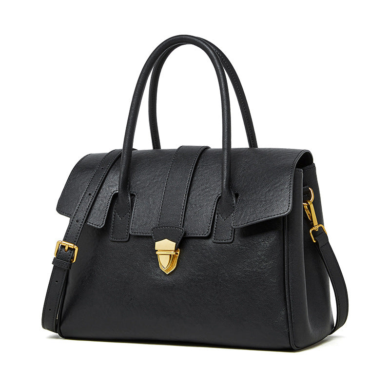 Vintage Lock Leather Handbag – Elegant Structured Office Bag
