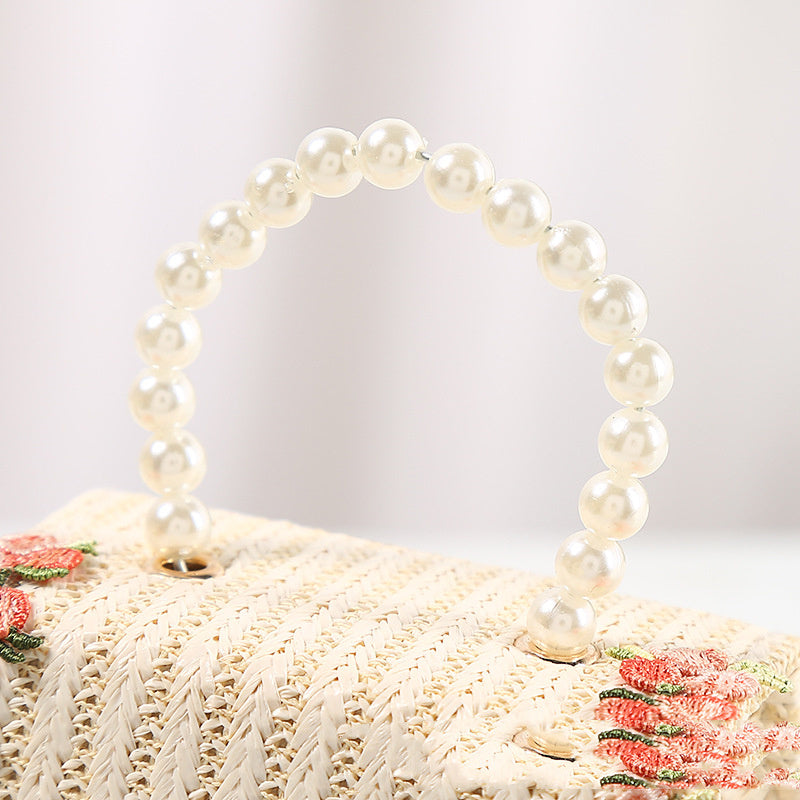 Lace Style Straw Bag with Pearl Handle Portable Crossbody