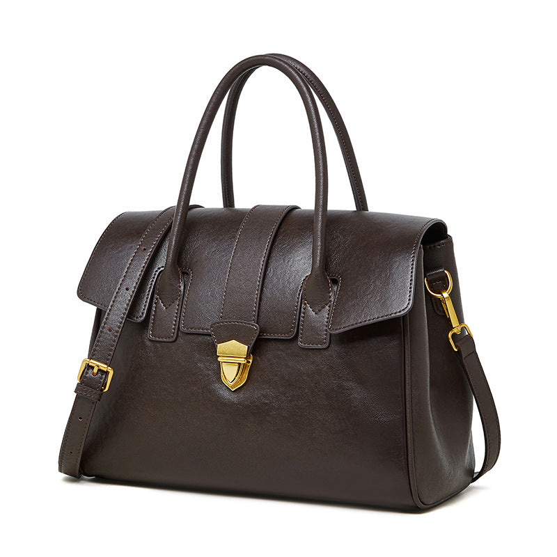 Vintage Lock Leather Handbag – Elegant Structured Office Bag