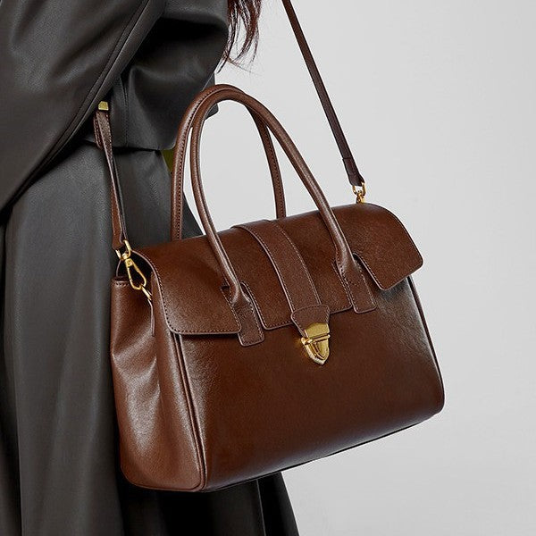 Vintage Lock Leather Handbag – Elegant Structured Office Bag