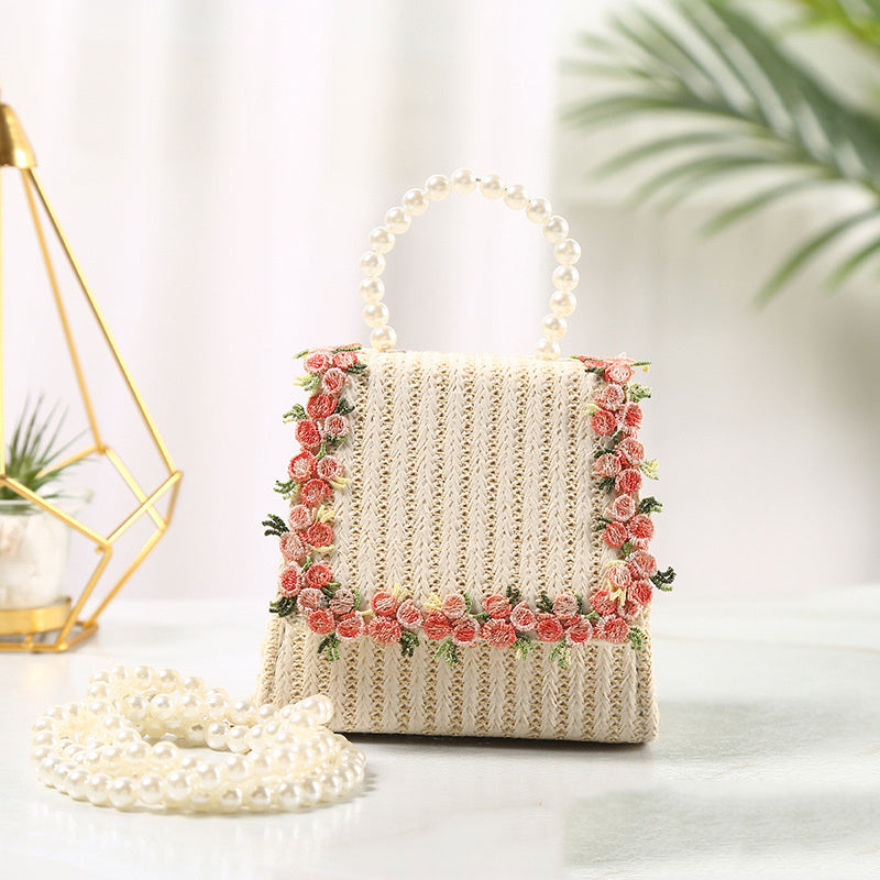 Lace Style Straw Bag with Pearl Handle Portable Crossbody