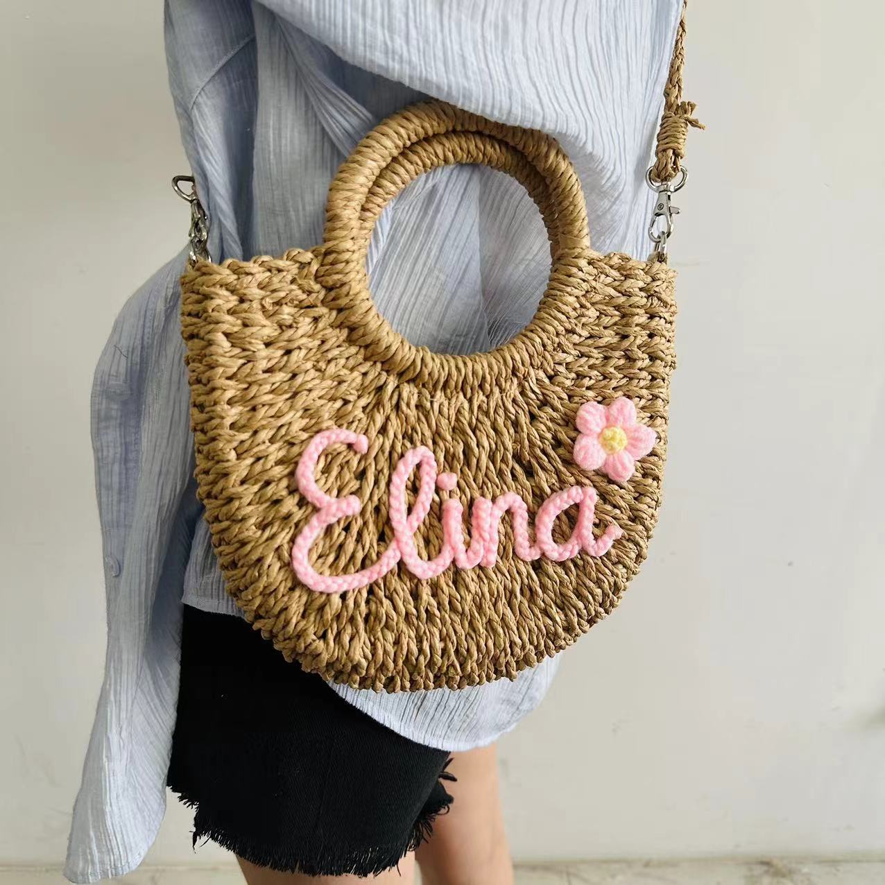 Custom Name Seaside Straw Handbag  Vacation Style Grass Woven Bag