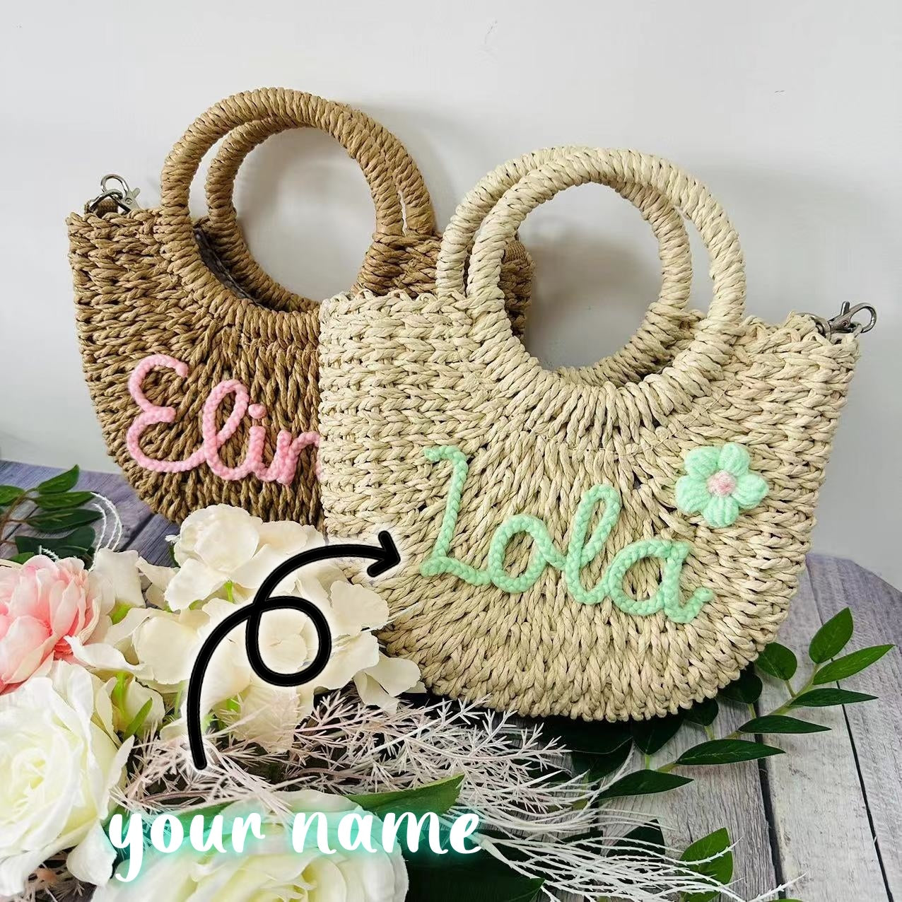 Custom Name Seaside Straw Handbag  Vacation Style Grass Woven Bag