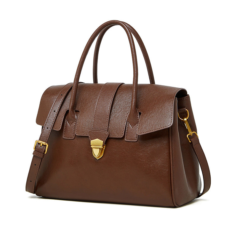 Vintage Lock Leather Handbag – Elegant Structured Office Bag