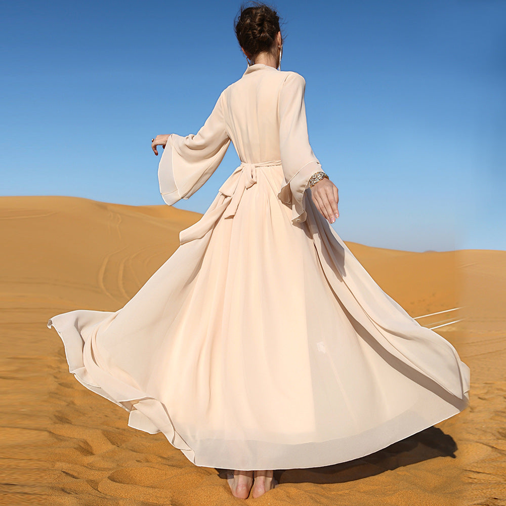 Beige Double-Layer Chiffon Long Dress