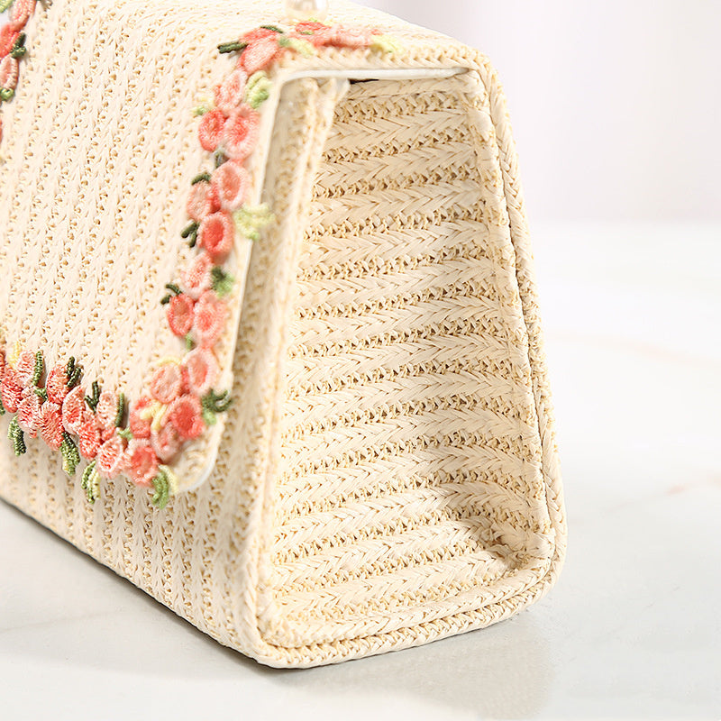 Lace Style Straw Bag with Pearl Handle Portable Crossbody