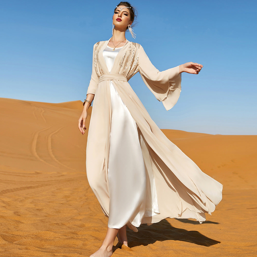 Beige Double-Layer Chiffon Long Dress