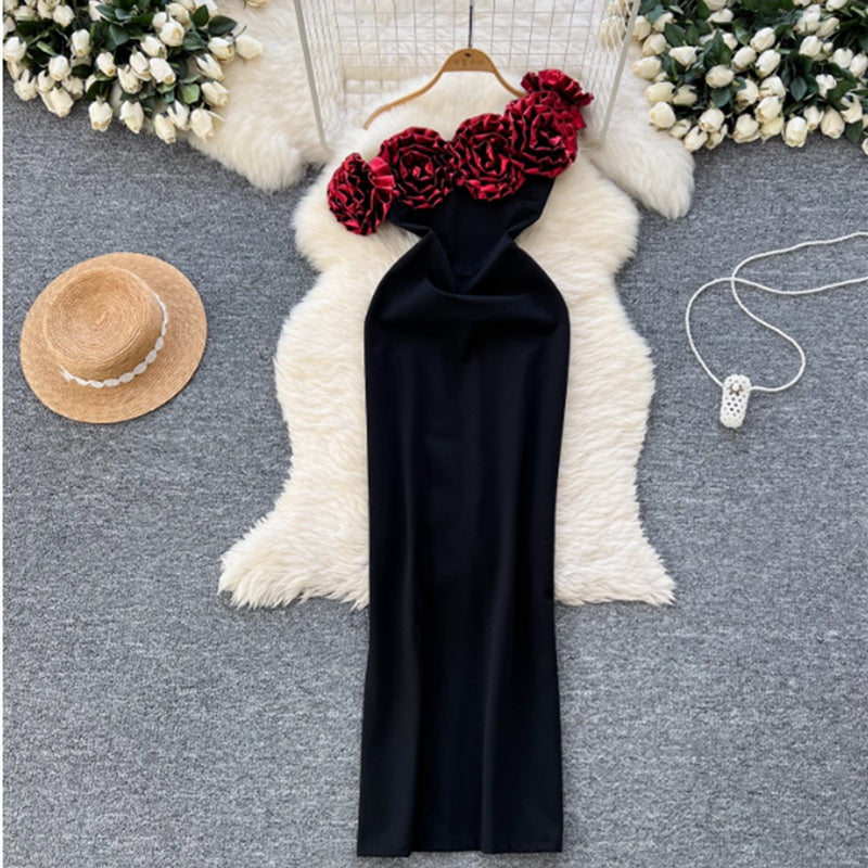 3D Floral Off-Shoulder Slim Fit Evening Dress