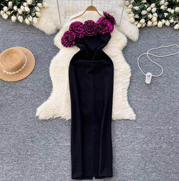 3D Floral Off-Shoulder Slim Fit Evening Dress