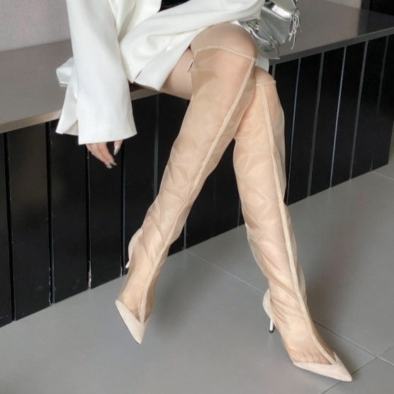 Transparent Mesh High-Leg Stiletto Heel Boots
