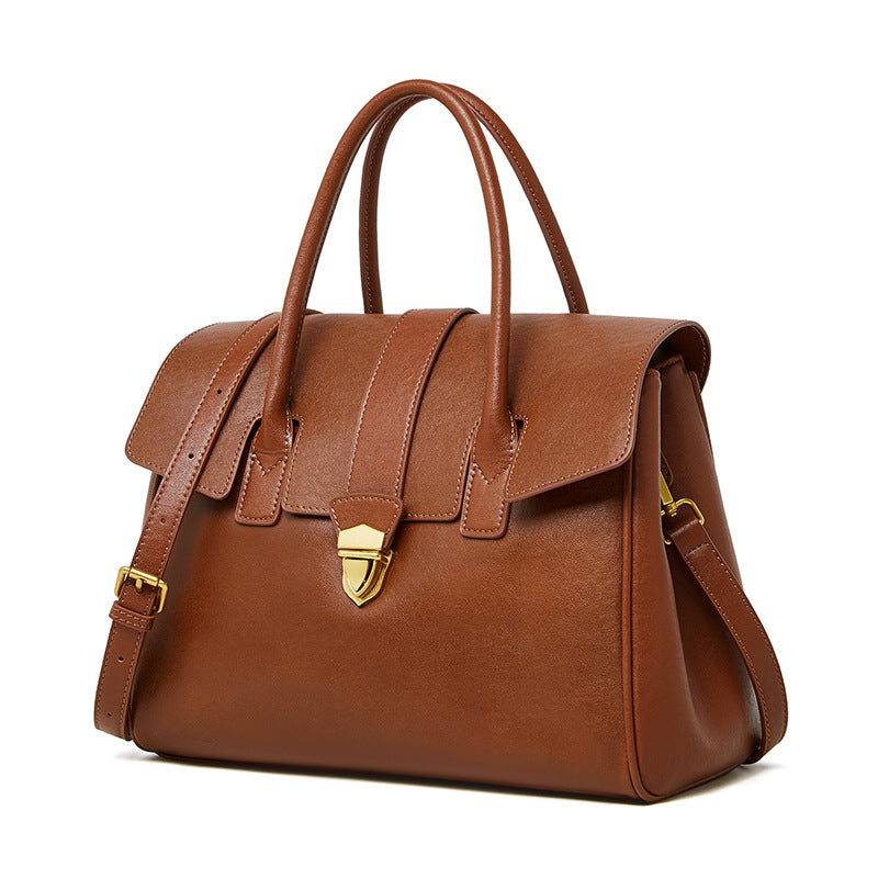 Vintage Lock Leather Handbag – Elegant Structured Office Bag