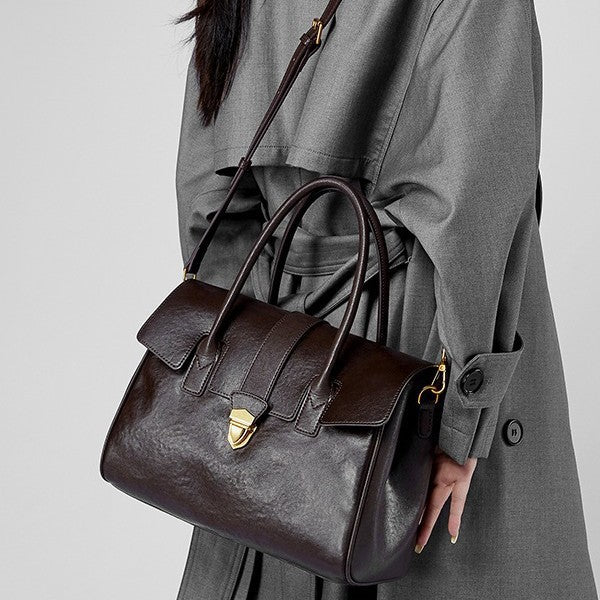 Vintage Lock Leather Handbag – Elegant Structured Office Bag