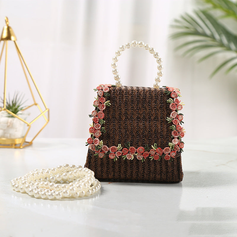 Lace Style Straw Bag with Pearl Handle Portable Crossbody