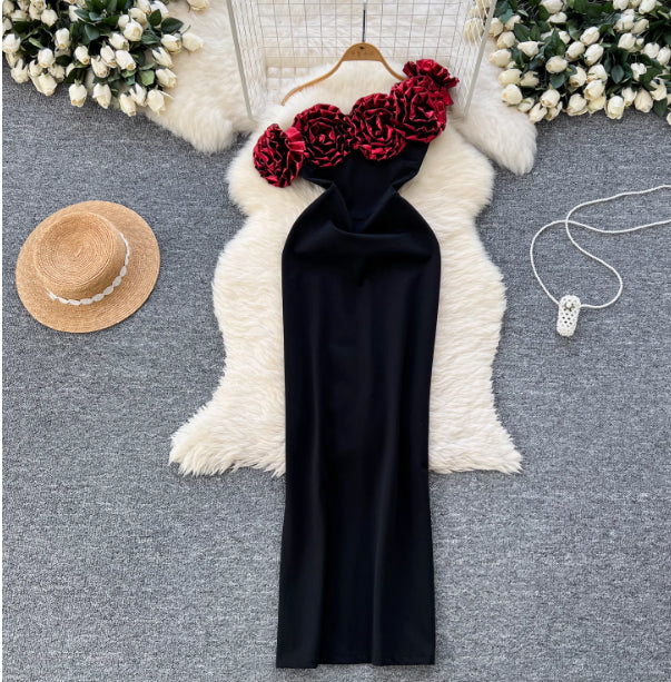 3D Floral Off-Shoulder Slim Fit Evening Dress