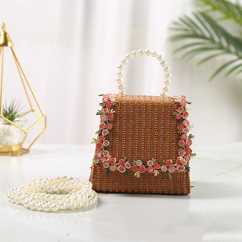 Lace Style Straw Bag with Pearl Handle Portable Crossbody