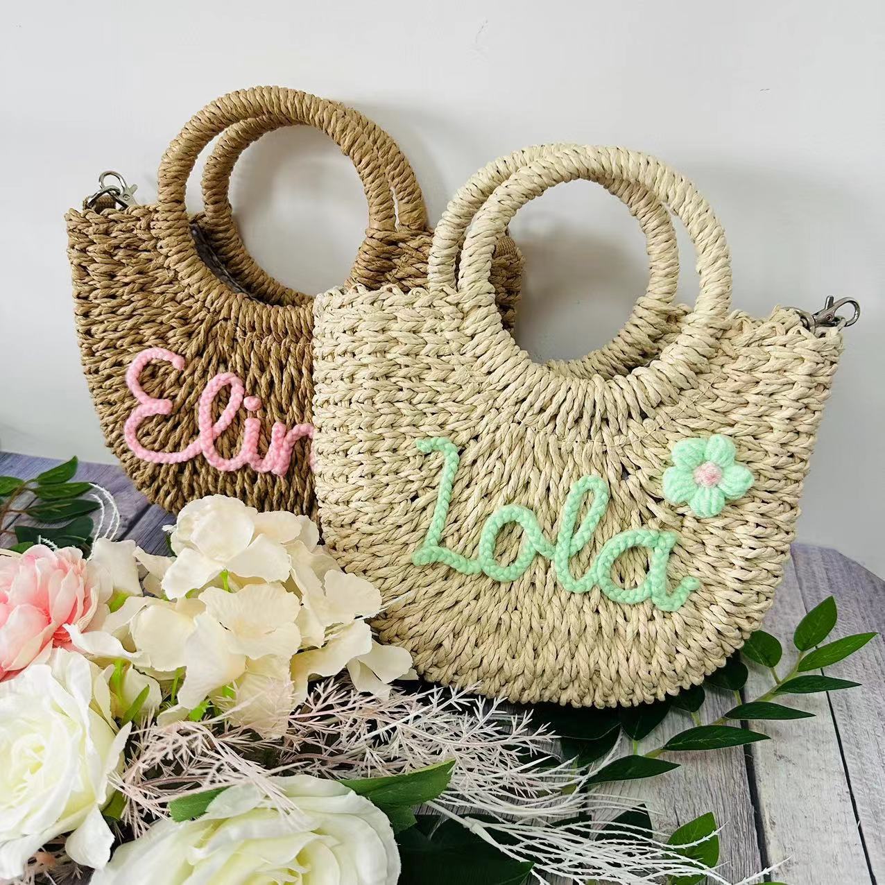 Custom Name Seaside Straw Handbag  Vacation Style Grass Woven Bag