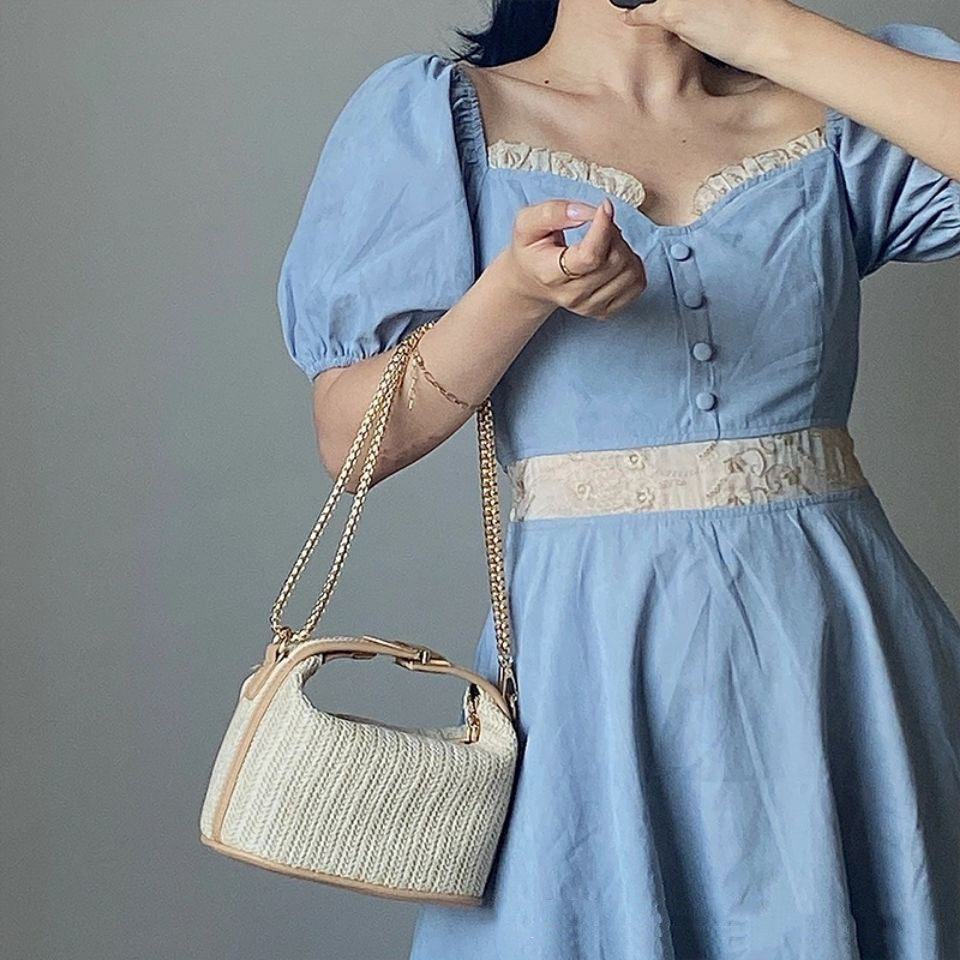 Beige Braided Straw Handbag