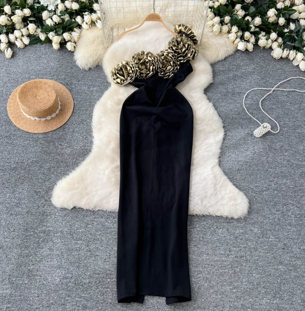 3D Floral Off-Shoulder Slim Fit Evening Dress